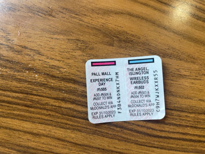 McDonalds Monopoly UK Pall Mall & Angel Islington Stickers