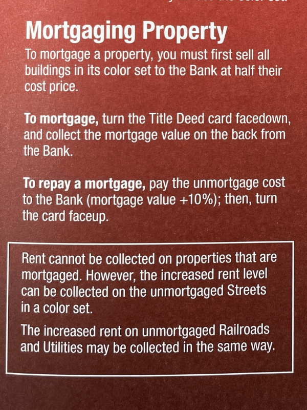 Monopoly rules mortgaging