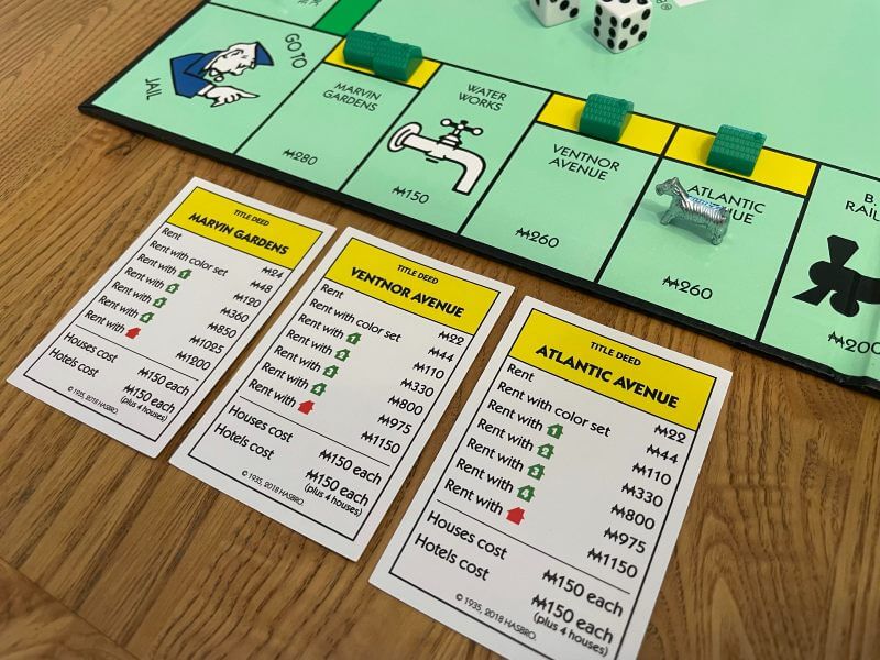 Yellow Monopoly property cards and board