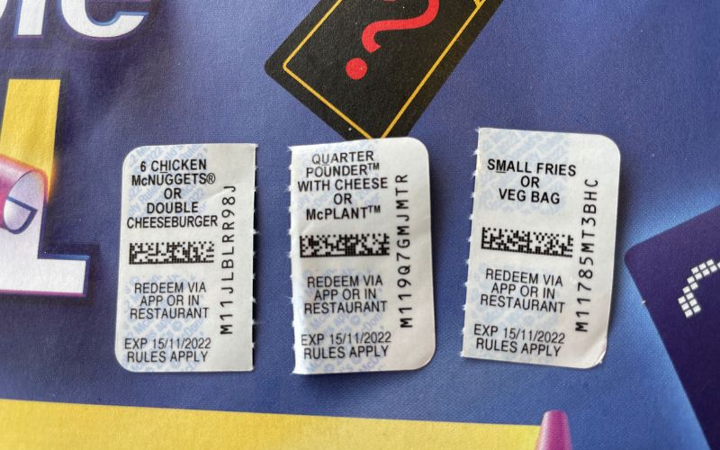 food prize on McDonalds monopoly sticker