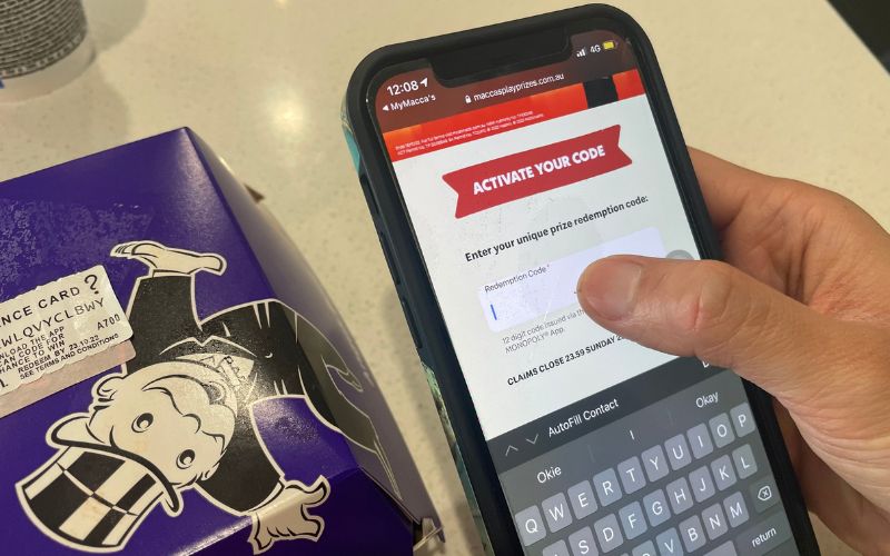Maccas Monopoly prize redemption on mobile phone