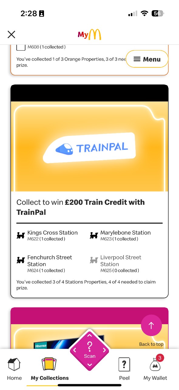 Train stations in McDonalds Monopoly app